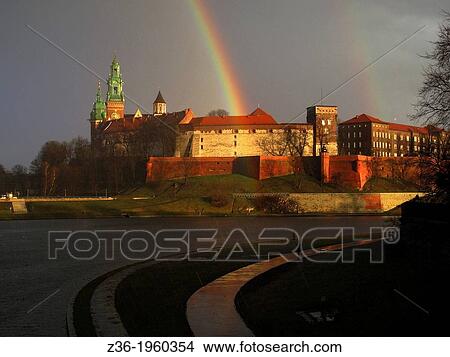 Picture - Wawel castle with rainbow, Krakow, Poland.. Fotosearch