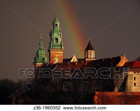 Stock Image - Wawel castle with rainbow, Krakow, Poland.. Fotosearch
