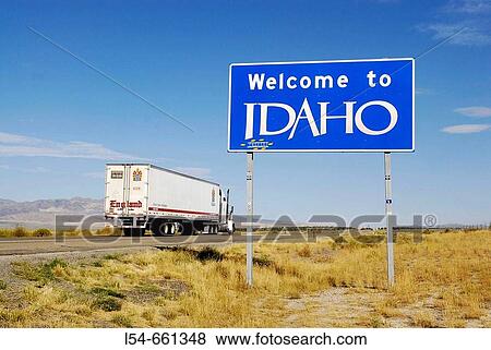 Stock Photo - Welcome to Idaho Interstate 80 freeway sign as drivers enter the state, USA. Fotosearch