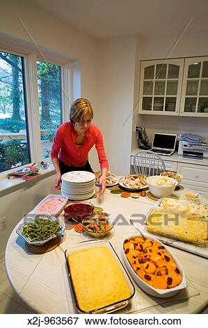Stock Photo - West Bloomfield, Michigan - Thanksgiving dinner is prepared in a family's kitchen. Fotosearch