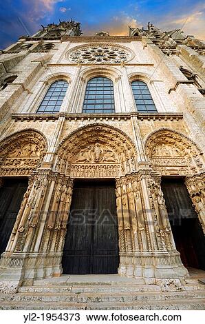Stock Image - West facade with the Royal Portal of the gothic Cathedral of Notre Dame, Chartres, France. A UNESCO World Heritage Site.. Fotosearch
