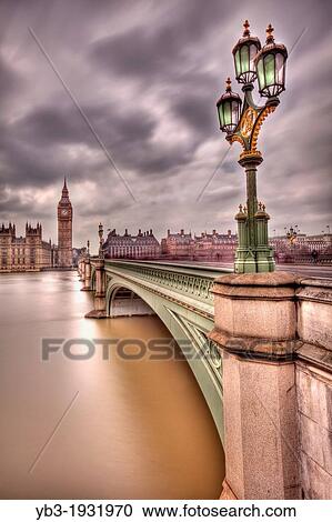 Stock Image - Westminster Bridge, Big Ben and The Houses of Parliament, London, England. Fotosearch
