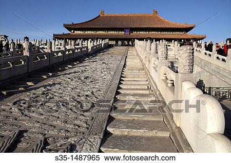 White marble carved royal staircases in front of Hall of Supreme Harmony (Tai He Dian), the ceremonial center of imperial power since Ming dynasty, Forbidden City, Beijing, China View Large Photo Image Stock Photography - White marble carved royal staircases in front of Hall of Supreme Harmony (Tai He Dian), the ceremonial center of imperial power since Ming dynasty, Forbidden City, Beijing, China. Fotosearch