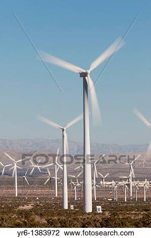Stock Image - Wind turbines at the San Gorgonio Pass Wind Farm outside Palm Springs, CA. Fotosearch