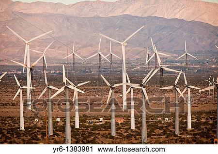 Stock Image - Wind turbines at the San Gorgonio Pass Wind Farm outside Palm Springs, CA. Fotosearch