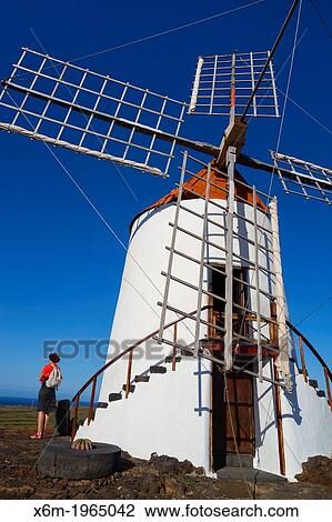 Stock Image - Windmill. Jardin de Cactus (Cactus Garden) of Cesar Manrique.. Fotosearch