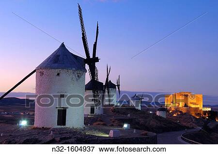Stock Photo - Windmills and Caballeros de San Juan de Jerusalen Castle, Consuegra, Toledo province, Route of Don Quixote, Castilla-La Mancha, Spain. Fotosearch