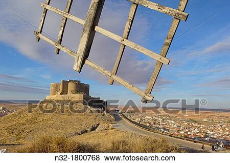 Windmills and Castle of the Knights of St John of Jerusalem, Consuegra, Toledo province, Route of Don Quixote, Castilla-La Mancha, Spain. View Large Photo Image Stock Photo - Windmills and Castle of the Knights of St John of Jerusalem, Consuegra, Toledo province, Route of Don Quixote, Castilla-La Mancha, Spain.. Fotosearch