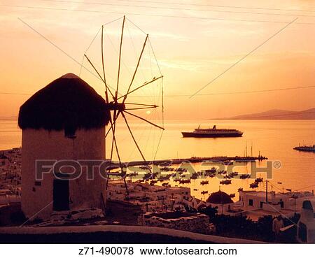 Windmills at dusk. Mykonos. Greece View Large Photo Image Stock Photo - Windmills at dusk. Mykonos. Greece. Fotosearch