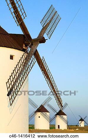 Stock Image - Windmills Mota del Cuervo Cuenca province The Route of Don Quixote Castilla-La Mancha Spain. Fotosearch
