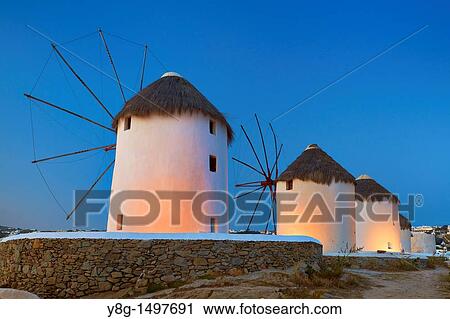 Stock Image - Windmills of Mykonos Town, Mykonos, Cyklades, Greece. Fotosearch