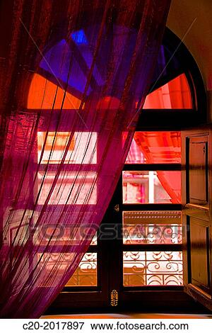 Window with curtains, Moroccan Riad, inside, upper gallery, Marrakech, Morocco. View Large Photo Image Stock Photo - Window with curtains, Moroccan Riad, inside, upper gallery, Marrakech, Morocco.. Fotosearch
