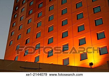 Stock Photo - Windows at sunset, Hotel Ibis Can Drago, Barcelona, Catalonia, Spain. Fotosearch
