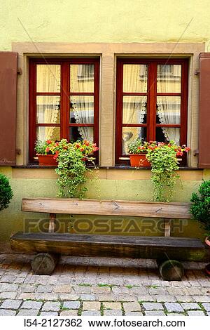 Stock Image - Windows Flower Boxes Rothenburg Germany DE Franconia Bavaria.. Fotosearch