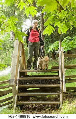 Woman and dog on stairs in forest on Salt Spring Island, BC, Canada View Large Photo Image Stock Photograph - Woman and dog on stairs in forest on Salt Spring Island, BC, Canada. Fotosearch