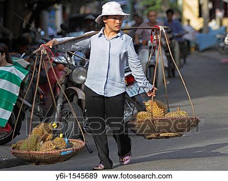 Woman carrying shoulder pannier baskets of durian tropical fruit Old Quarter Hanoi Vietnam View Large Photo Image Stock Photo - Woman carrying shoulder pannier baskets of durian tropical fruit Old Quarter Hanoi Vietnam. Fotosearch