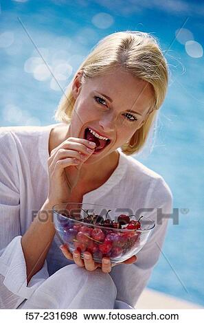 Woman eating cherries View Large Photo Image Stock Photo - Woman eating cherries. Fotosearch
