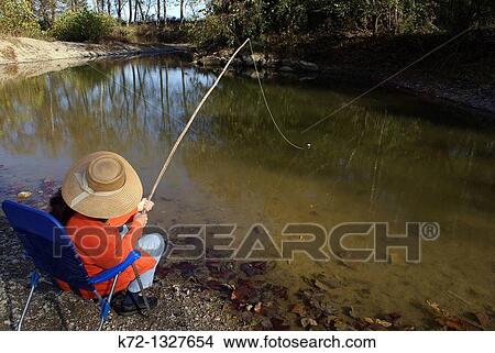 Woman fishing at shoreline of a pond View Large Photo Image Picture - Woman fishing at shoreline of a pond. Fotosearch