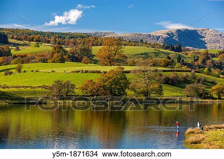 Woman fly fishes in Esthwaite Water in the Lake District National Park, Cumbria, England, UK, Europe View Large Photo Image Picture - Woman fly fishes in Esthwaite Water in the Lake District National Park, Cumbria, England, UK, Europe. Fotosearch