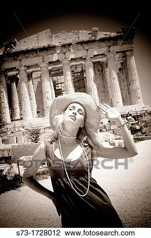 Stock Image - Woman front the Parthenon, Acropolis, Athens, Greece. Fotosearch