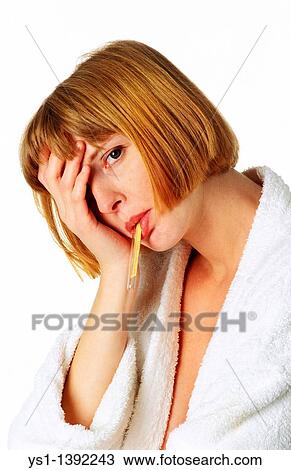 Woman in Bath Robe taking her Temperature View Large Photo Image Stock Image - Woman in Bath Robe taking her Temperature. Fotosearch