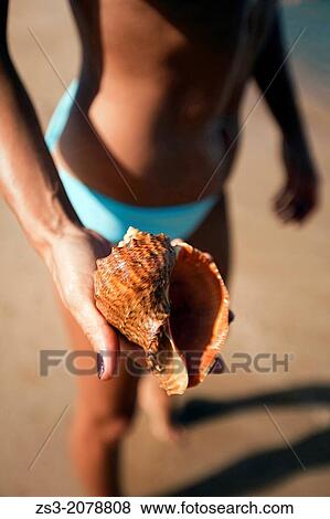 Stock Photo - Woman in bikini holding a sea shell in her hand, Naxos, Cyclades Islands, Greek Islands, Greece, Europe.. Fotosearch