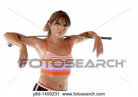 Woman in fitness outfit with golf iron club View Large Photo Image Stock Image - Woman in fitness outfit with golf iron club. Fotosearch