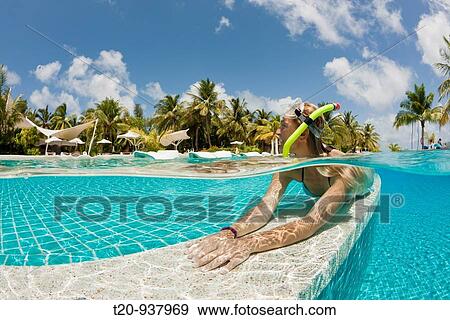 Woman in Swimming Pool, South Male Atoll, Maldives View Large Photo Image Stock Photo - Woman in Swimming Pool, South Male Atoll, Maldives. Fotosearch