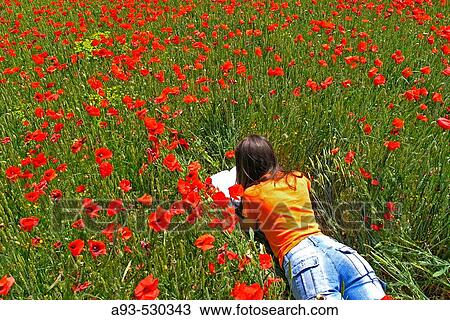 Woman lying on a poppies field View Large Photo Image Stock Image - Woman lying on a poppies field. Fotosearch