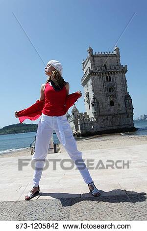 Woman poses front Belem Tower, Lisbon, Portugal View Large Photo Image Stock Image - Woman poses front Belem Tower, Lisbon, Portugal. Fotosearch