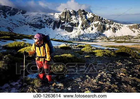 Woman practicing mountaineering in the Sierra de B? jar Natural Park, in Salamanca province, Biosphere Reserve of Sierra de B? jar and Francia View Large Photo Image Picture - Woman practicing mountaineering in the Sierra de B? jar Natural Park, in Salamanca province, Biosphere Reserve of Sierra de B? jar and Francia. Fotosearch