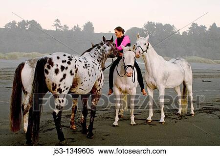 Stock Photography - Woman riding horse bareback on beach with other horses. US Pacific coastline. California.. Fotosearch