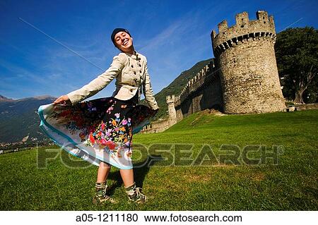 Woman Tourist. Castle. Castello di Montebello. Bellinzona. Ticino. Switzerland. View Large Photo Image Stock Image - Woman Tourist. Castle. Castello di Montebello. Bellinzona. Ticino. Switzerland.. Fotosearch