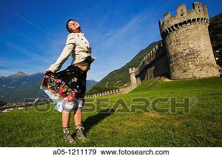 Woman Tourist. Castle. Castello di Montebello. Bellinzona. Ticino. Switzerland. View Large Photo Image Stock Photo - Woman Tourist. Castle. Castello di Montebello. Bellinzona. Ticino. Switzerland.. Fotosearch