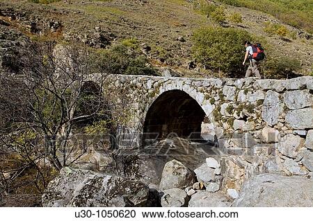 Stock Image - Woman walking along the tourist route known as Carlos V, between Tornavacas and Jarandilla CBceres Extremadura Spain. Fotosearch