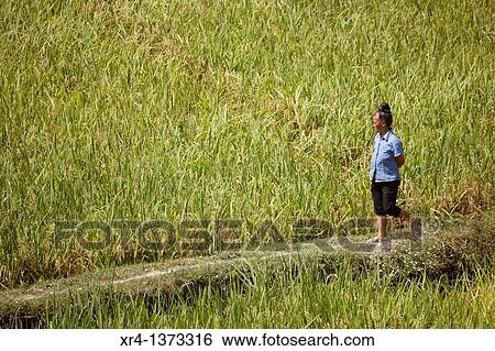 Stock Photograph - Woman walking, Bala River Valley, Langde, Guizhou, China. Fotosearch