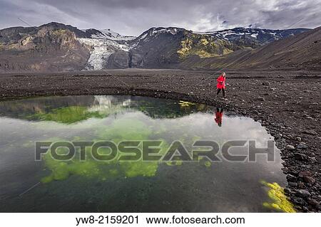 Stock Image - Woman walking by a pond with algae and ash, Iceland.. Fotosearch