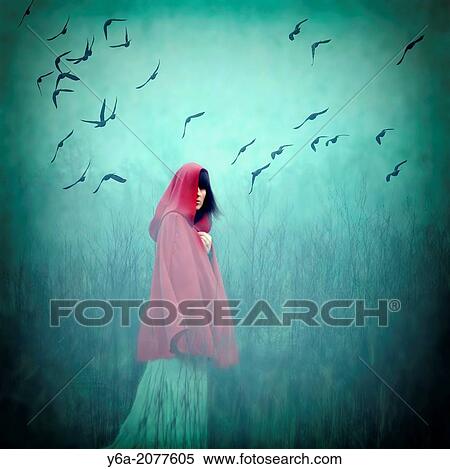 Woman wearing red cloak walking in to dense fog. View Large Photo Image Stock Photography - Woman wearing red cloak walking in to dense fog.. Fotosearch