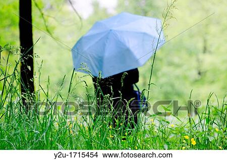 Woman with a blue umbrella on the wet green field with grass and flowers View Large Photo Image Picture - Woman with a blue umbrella on the wet green field with grass and flowers. Fotosearch