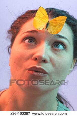 Woman with butterfly on her forehead View Large Photo Image Stock Photo - Woman with butterfly on her forehead. Fotosearch