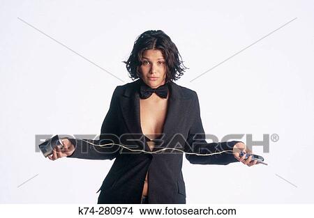 Picture - Woman With Cellular Telephone and Tin Can. Fotosearch