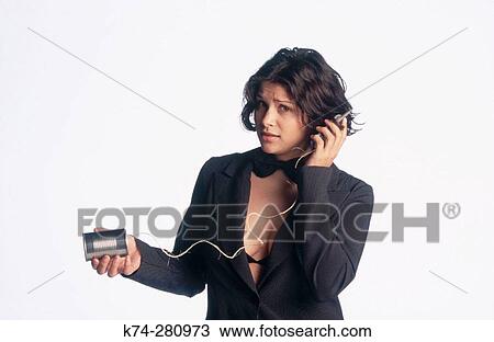Woman With Cellular Telephone and Tin Can View Large Photo Image Stock Image - Woman With Cellular Telephone and Tin Can. Fotosearch