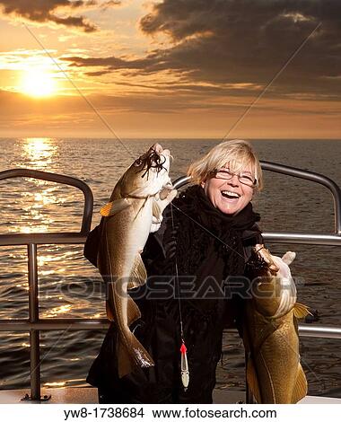 Picture - Woman with freshly caught cod, North Atlantic, Raufarhofn, Iceland. Fotosearch