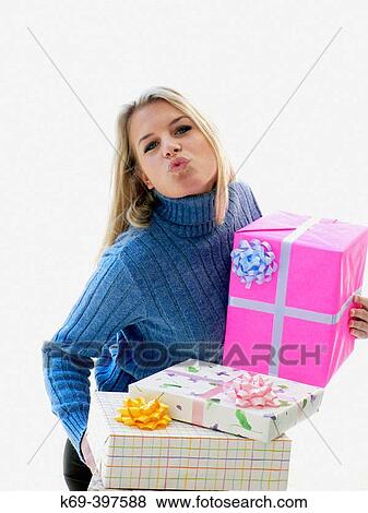 Woman with gift boxes View Large Photo Image Stock Photo - Woman with gift boxes. Fotosearch