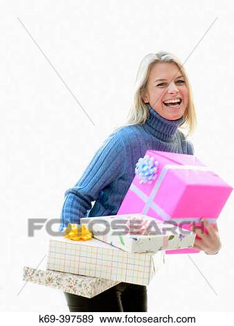 Woman with gift boxes View Large Photo Image Stock Photo - Woman with gift boxes. Fotosearch