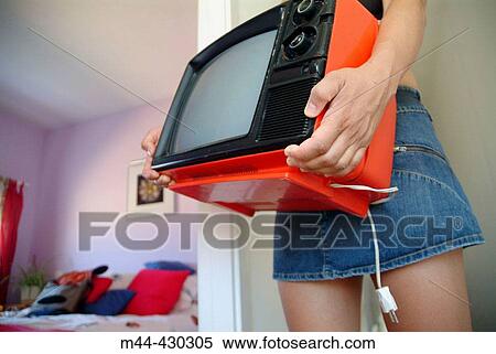 Woman with red television. View Large Photo Image Stock Photography - Woman with red television.. Fotosearch