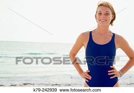 Woman with Swimsuit on Beach View Large Photo Image Stock Photo - Woman with Swimsuit on Beach. Fotosearch