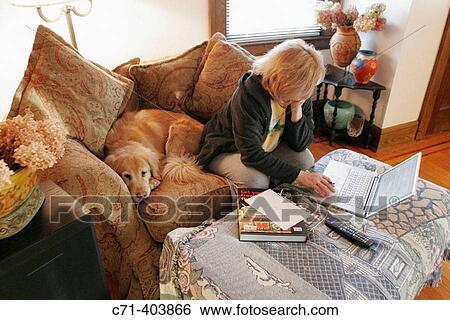 Woman working on laptop with golden retriever dog on couch View Large Photo Image Stock Photograph - Woman working on laptop with golden retriever dog on couch. Fotosearch
