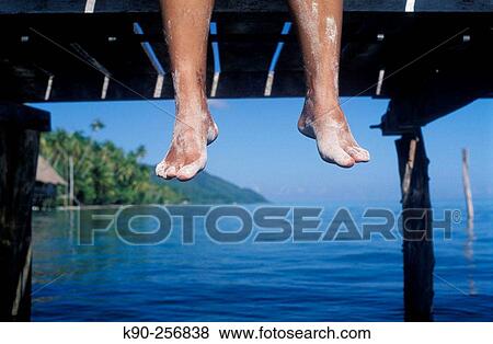Woman's legs hanging from wooden jetty over the open sea near beautiful island, diving resort? Irian Diving?. Archipelago Raja Ampat. Papua, Indonesia View Large Photo Image Stock Photo - Woman's legs hanging from wooden jetty over the open sea near beautiful island, diving resort? Irian Diving?. Archipelago Raja Ampat. Papua, Indonesia. Fotosearch