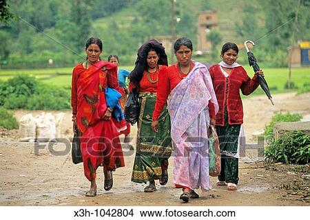 Picture - women wearing sari walking in the country side, Kathmandu Valley, Nepal, Himalaya, South Asia. Fotosearch